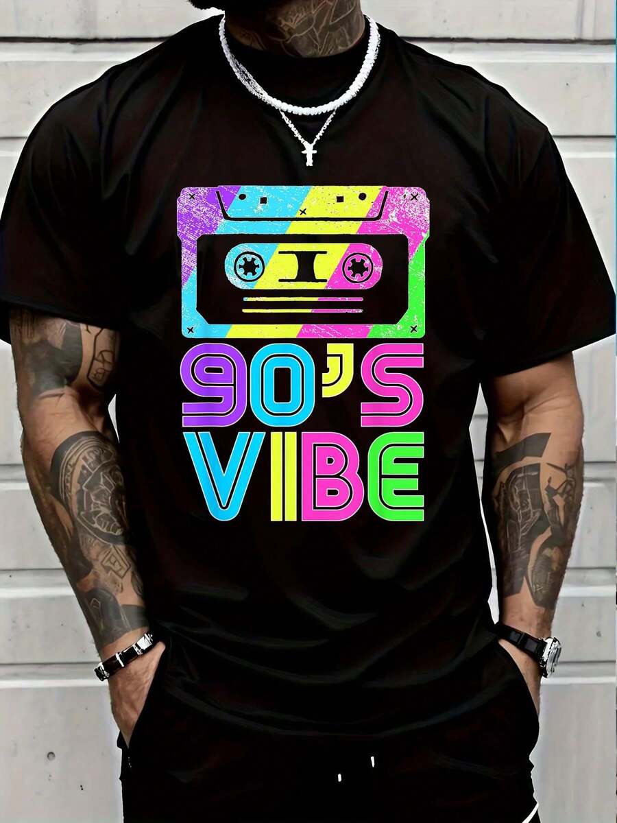 100% Cotton 90's Vibe Retro 1990s 90s Style Party Outfit Men Women T-Shirt Short Sleeve T-Shirt Women's Men's Causal Tops - 黑色14 - 查看 1