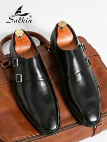 Salkin 复古设计师男士僧侣搭扣尖头一脚蹬乐福鞋，优雅绅士正装鞋，适合中年人、年轻人、学生、返校季、毕业典礼、办公室、商务场合、派对、婚礼、新郎、春夏秋季穿着，尺码齐全。 - 黑色 - 查看 2