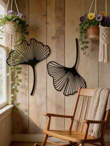 2pcs Ginkgo Leaf Metal Wall Decor Set, Minimalist Floral Wall Art, Floral Metal Line Art, Natural Decor, Bedroom Wall Art, Home Decor, Scene Decor, Theme Party Decor, Wall Decoration. Of Course, It Can Also Be A Gift For Any Occasion, Such As: Housewarming, Birthday, Valentine's Day, Perfect For Home, Wedding, Christmas Decoration! - Black - View 2