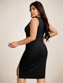 Vestido midi de talla grande con cuello en V y abertura lateral, tela de punto de unicolor, abertura alta en el muslo, uso casual para primavera & verano elegante negro - Negro - Ver 2