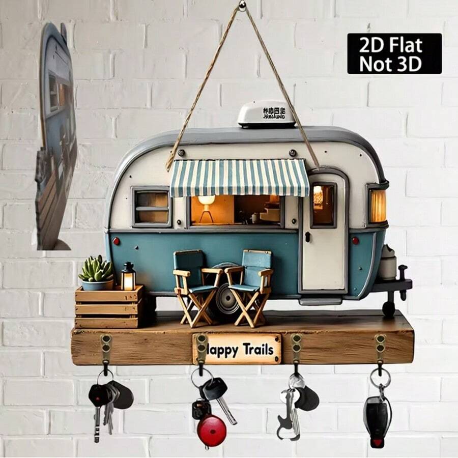 2D Flat Vintage Trailer Key Chain Holder - Country Style Wall Decor With Hook, Farmhouse Entryway Storage Rack - Wood Key Organizer For Living Room, Porch, Cabin - Medieval Modern Home Decor - Housewarming Gift, 2D Flat Design - C - View 1
