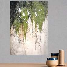 Pintura Decorativa 2D Plana, 2D Plana, Textura Moteada, Entrada Abstracta Verde, Pintura al Óleo Pintada a Mano, Arte, Pintura Colgante de Pasillo de Corredor con Pájaros Volando [Sin Marco] - Enmarcado - Ver 3