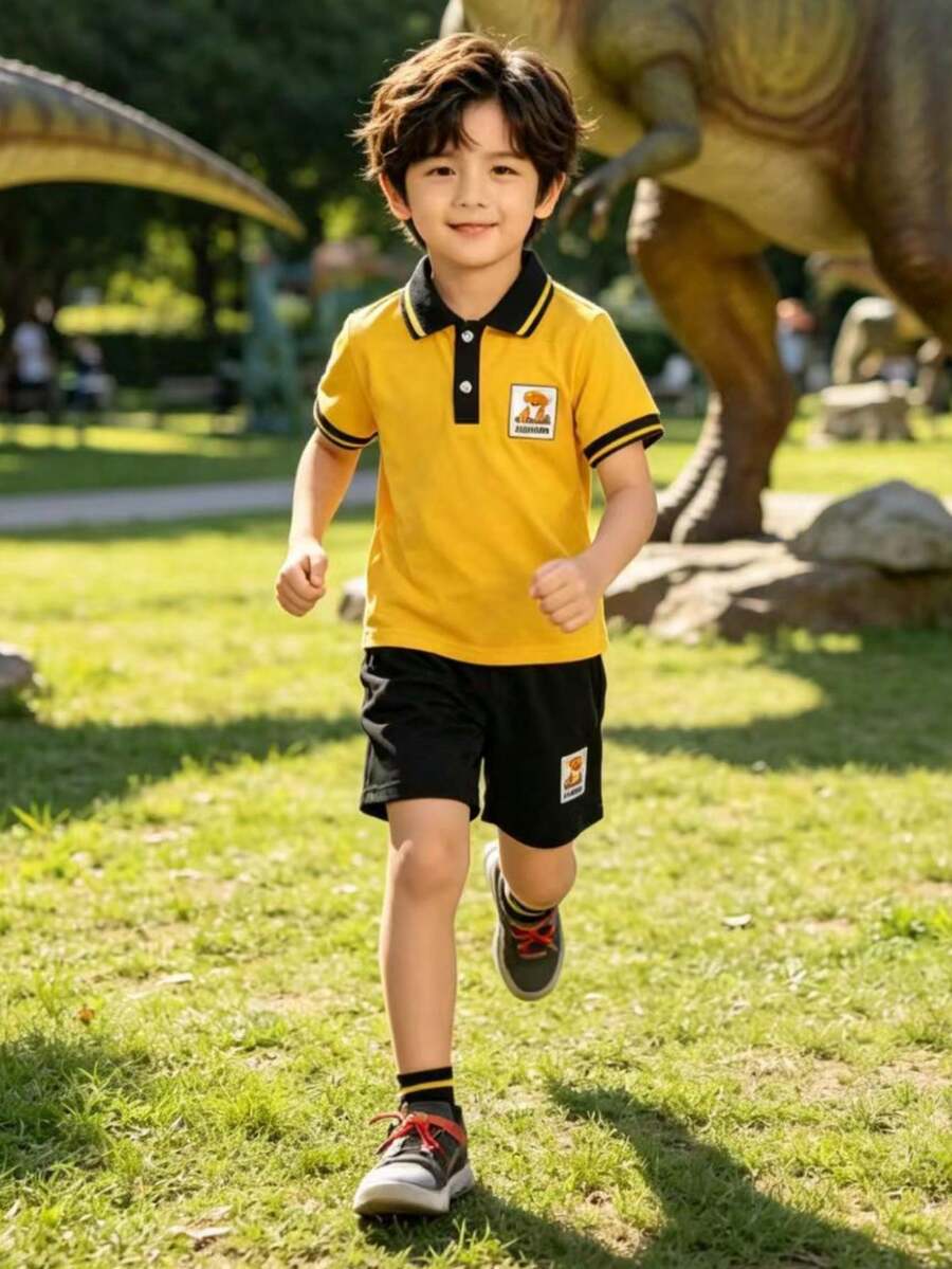 2pcs/Set Toddler Boys' Casual Cartoon Print Decorated Button Design Polo Collar Short Sleeve Top And Shorts Set, Spring/Summer - Yellow - View 1