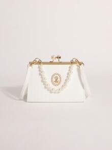 1pc White Striped PU Metal Frame Bag With Pearl Clasp, French Palace Style Queen Portrait Badge Decor, Pearl Handbag For Evening Party - White - View 5