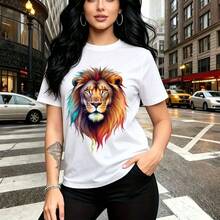 Camiseta de mujer con estampado vibrante de león real multicolor en negro - camiseta casual de manga corta, ajuste cómodo y moderno, estilo urbano y atrevido - ideal para paseos por la ciudad, días soleados y regalo perfecto para mamá, esposa, novia, - Blanco - Ver 8