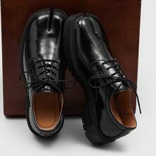 Casual British-Style Niche Personality Split-Toe Shoes For Men, Horseshoe-Shaped Lace-Up Derby Shoes - 黑色 - 查看 4