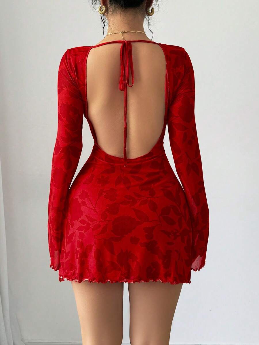 Vestido mini con estampado floral, mangas acampanadas y espalda descubierta para mujer - Negro - Ver 1