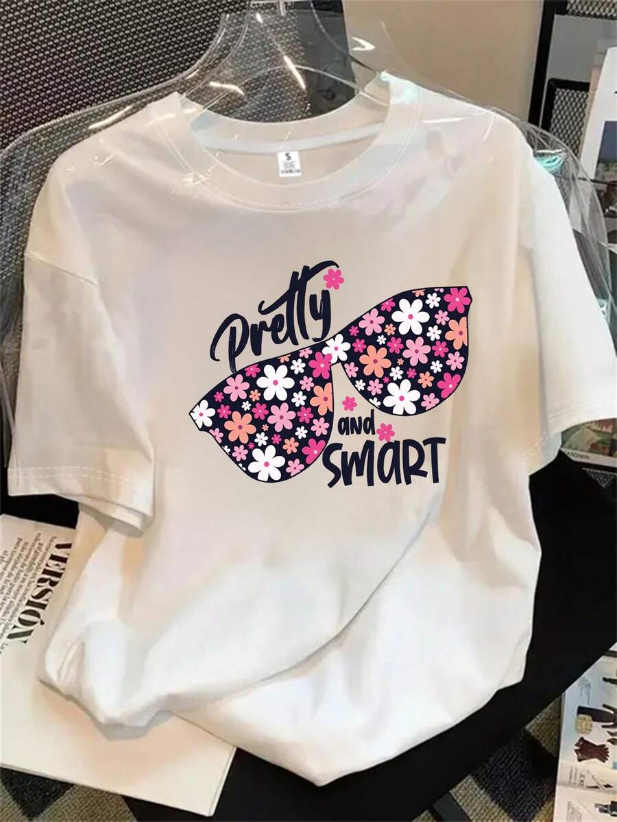 Top de manga corta con cuello redondo para mujer y unas gafas de sol con estampado floral, aptas para todas las estaciones. - Blanco - Ver 1