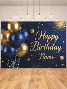 Painel Personalizável Azul e Dourado "Feliz Aniversário", com Balões Azuis e Dourados, Glitter Dourado e Confetes; Design de Nome Personalizado; Decoração de Mesa de Bolo de Festa de Aniversário; Faixa; Acessório de Fotografia Retrato; Vinil - Ouro Azul - Visão 3