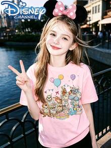 Disney Zootopia Birthday Series Print, Cute, Fresh, And Fashionable Girl Round Neck T-Shirt, Made Of 100% Cotton - 粉色 - 查看 1
