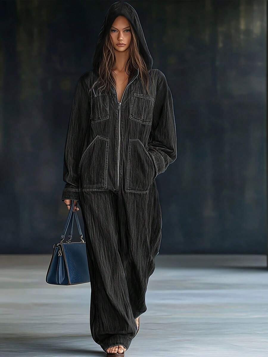 Women's Hooded Denim Jumpsuit, Full Zip Long Sleeve Loose Wide Leg Jumpsuit, American Streetwear Style For Spring & Fall - Black - View 1