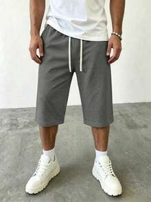 男士休閒運動 7/8 長度針織長褲，夏季熱銷款，中性款，寬鬆輕便，時尚舒適，完美選擇，也適合情侶送禮，附抽繩可調節長度，父親節絕佳禮物，世界盃觀賽理想穿搭 - 深灰色 - 查看 3
