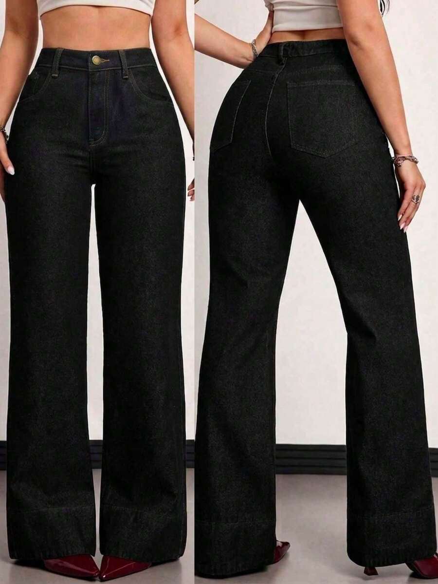 Tall Jeans de tiro alto, de pierna ancha y holgados, con bolsillos, versátiles, para uso casual en verano y primavera, elegantes para bodas y el Día de San Valentín - Negro - Ver 1