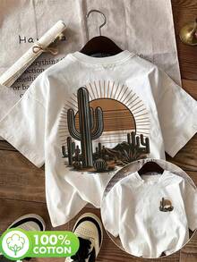 Tops,Vintage Style Desert Print Short-Sleeve Round-Neck Pure T-Shirt[Lang] - White - View 1