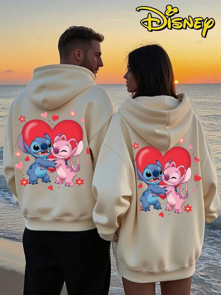 Couples Disney Lilo & Stitch Stitch And Angel Hugging With Hearts Print Hooded Sweatshirt, Casual Loose Streetwear Hoodie, Sold As Single Piece 1pcs - Quả mơ dành cho nam giới - Xem 1