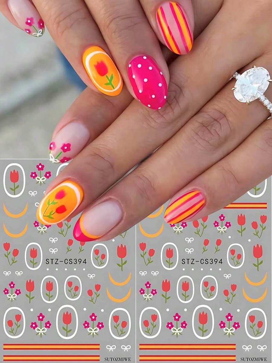 2pcs Tulip Flower Bow Circle Nail Stickers, Cute Red Floral 5-Petal Garden Nail Decals, Japanese Waterproof 3D Self-Adhesive Nail Art Decor, Suitable For Gel Acrylic Nail Supplies - Multicolor - View 1