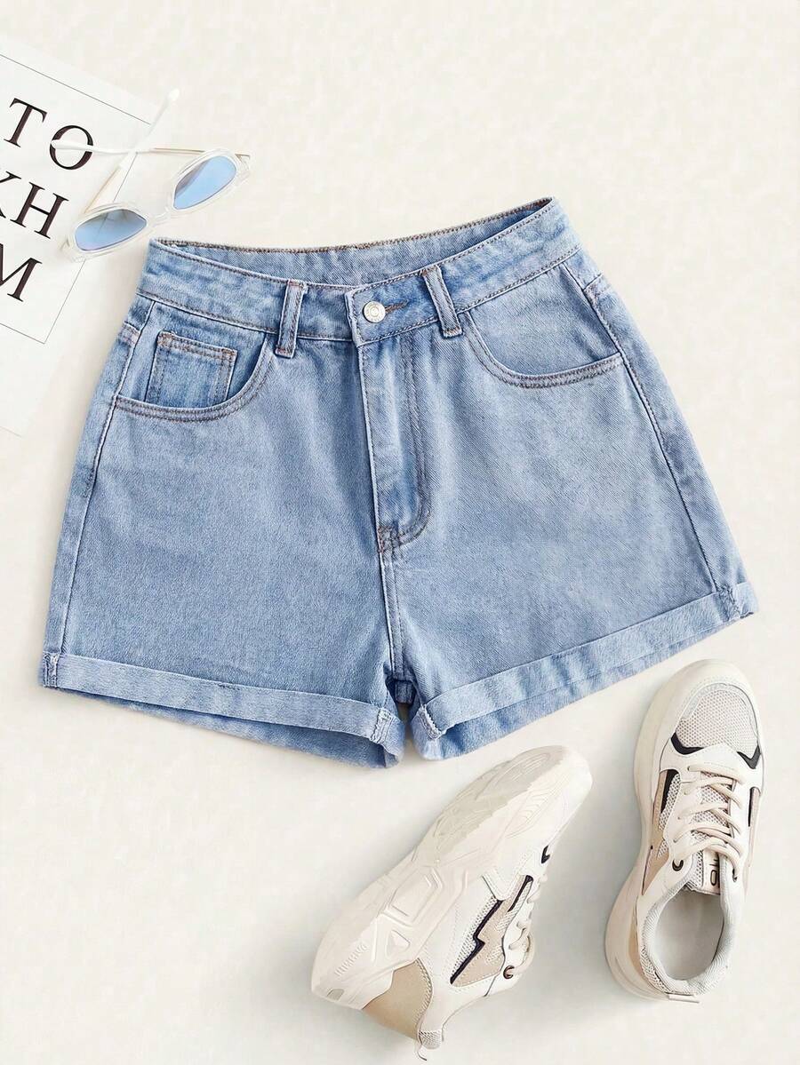 High-Waisted Rolled-Up Denim Shorts For Summer - Grey - View 1