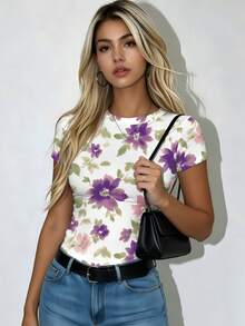 Women's Summer Printed T-Shirt, Elegant Casual Round Neck Short Sleeve Top For Girls' Outfits, Suitable For Daily Wear Basic Shirt - Multicolor - View 5