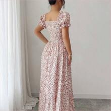 WNS  Nuevo vestido de mujer con estampado digital, mangas abullonadas, nudo delantero, espalda descubierta y cintura ceñida. Elegante y chic para vacaciones, citas, estilizador y adelgazante - Rosado Sandía - Ver 3
