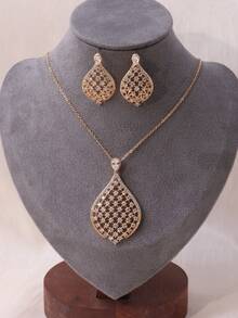 1 Set Elegante Conjunto de Aretes y Collar con Diseño de Gota de Agua de Circonita Brillante - conjunto de joyas para mujer - Ver 1