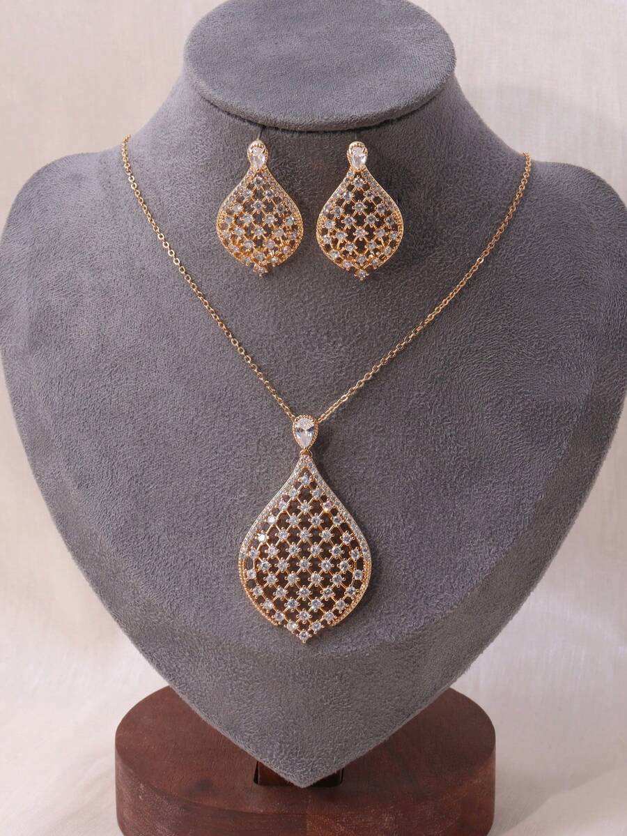 1 Set Elegante Conjunto de Aretes y Collar con Diseño de Gota de Agua de Circonita Brillante - conjunto de joyas para mujer - Ver 1