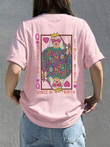 1件女款夏季寬鬆休閒圓領短袖T恤上衣 INS風，附「Queen Of Hearts」紅酒主題印花圖案，粉紅色 - 粉色 - 查看 6