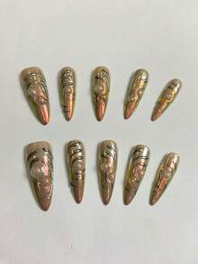 10Pcs Handmade Stiletto Press On Nails, Aurora Gradient Mirror Fake Nails, Punk 3D Metallic Line Glossy Reusable False Nail Tips - Maroon - View 3