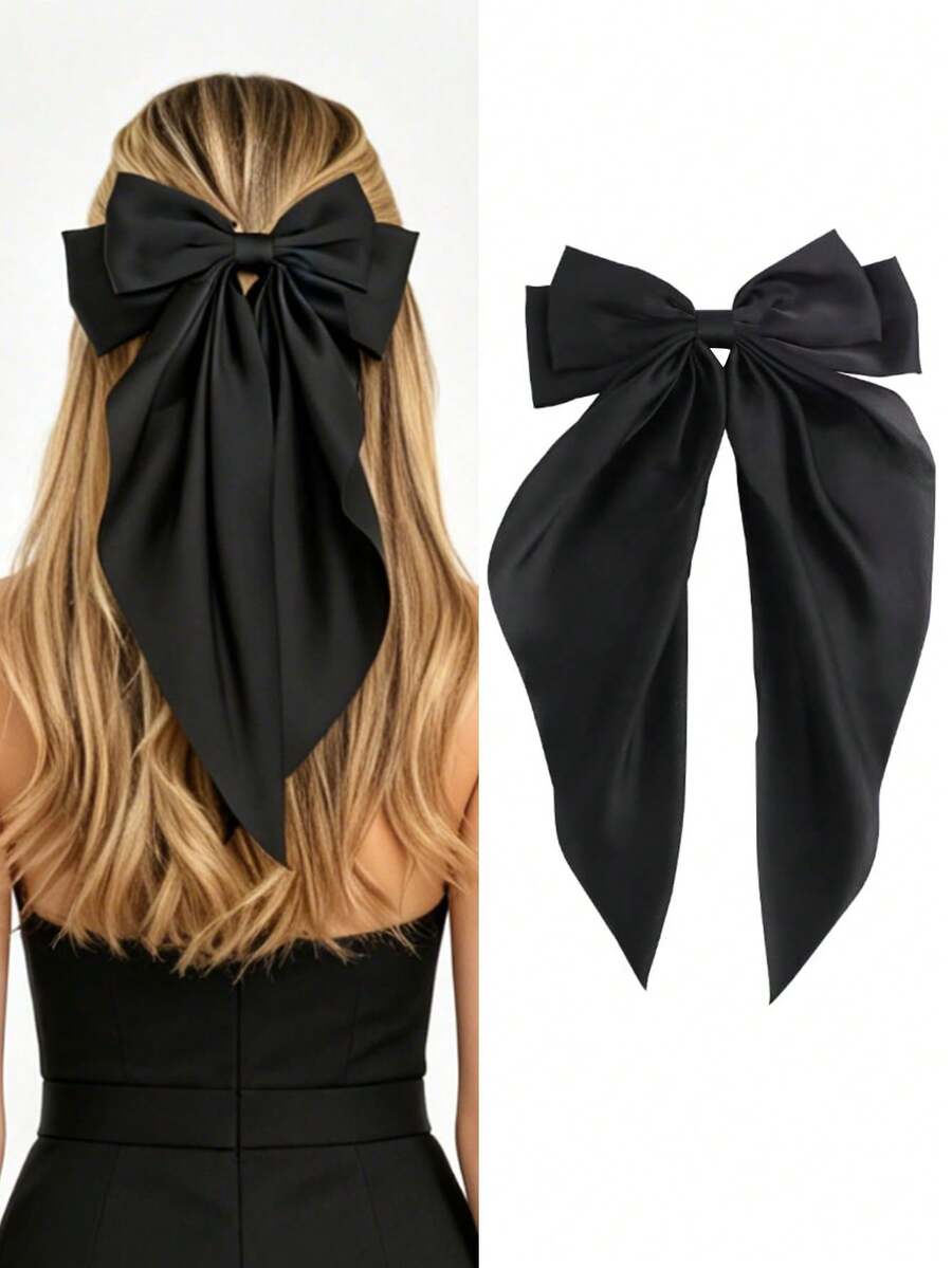 1Pc Oversized Black Satin Bow Hair Clip For Women Large Long Tail Bow Barrette Soft Silky Satin Big Bow Hair Accessory Elegant French Style Coquette Aesthetic Hair Bow For Daily Wear Wedding Bridal Bridesmaid Prom Party Date Night School Office. Vintage Y2K Hair Bow, Classic Black Hair Bow Clips For All Occasions, Fashionable Hair Accessories For Women Gift For Her Birthday Christmas Valentine's Day Mother's Day Graduation,Hair Claws - Black - View 1