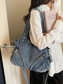 新款休閒時尚水洗牛仔大容量托特包，女款復古百搭通勤單肩斜背包，適合通勤與購物 - 藍色 - 查看 4