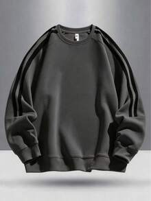 Teen Boys Spring/Autumn Minimalist Fashion Colorblock Arm Double Stripe Accent Ribbed Cuffs Hem Outdoor Casual Crew Neck Sweatshirt - Dark Grey - View 1