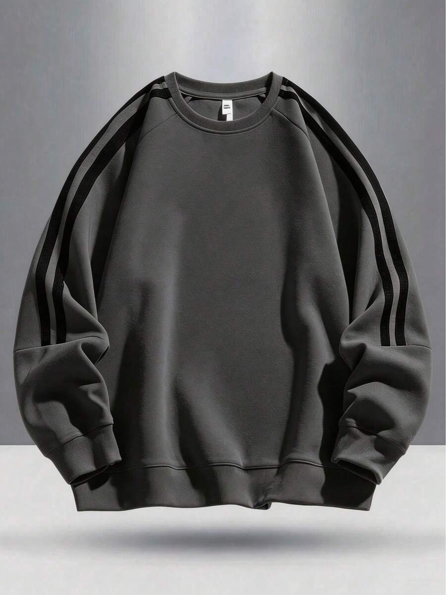 Teen Boys Spring/Autumn Minimalist Fashion Colorblock Arm Double Stripe Accent Ribbed Cuffs Hem Outdoor Casual Crew Neck Sweatshirt - Dark Grey - View 1