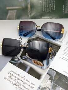 1 pieza Gafas de diseñador con letra registrada de la marca "MMMM", gafas de metal curvas sin montura biseladas de moda vintage nueva, talla grande vendidas para mujeres, estilo versátil de alta gama, protección solar, forma cuadrada-redonda ovalada, gafas de estilo Ins para posar, moda casual clásica, nuevo diseño curvo sin montura (marca registrada en la UE), incluye estuche de gafas de PU - Multicolor - Ver 5
