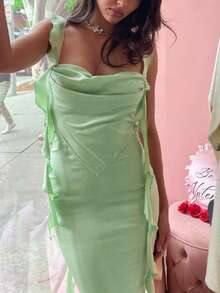 Vestido tirantes bordado espalda descubierta con volantes y cintas, moda veraniega para uso diario y fiestas elegantes - Verde - Ver 7