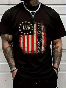 100% Cotton Casual Tshirt USA US Flag Patriotic 4th Of July America T-Shirt Women's Men Graphic Tee - 黑色1 - 查看 1