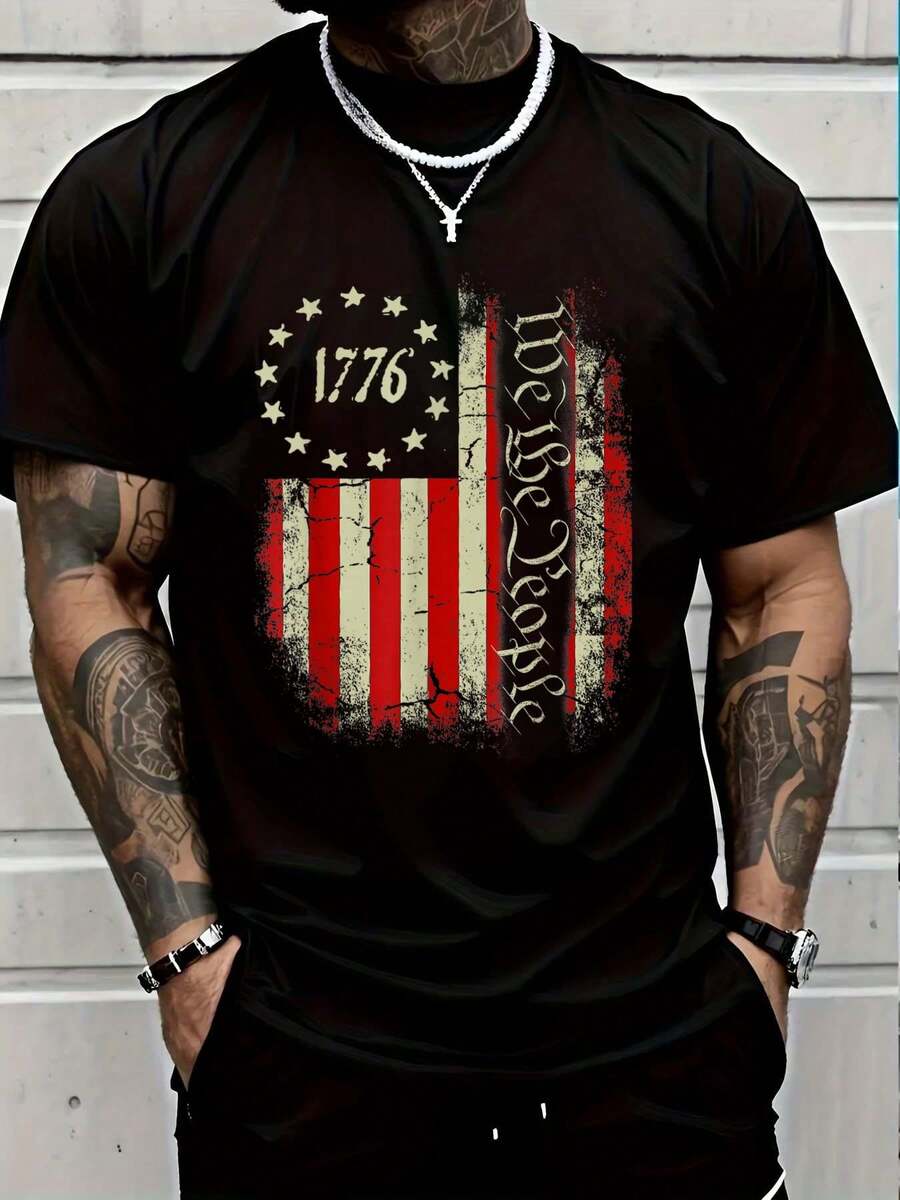 100% Cotton Casual Tshirt USA US Flag Patriotic 4th Of July America T-Shirt Women's Men Graphic Tee - 黑色1 - 查看 1