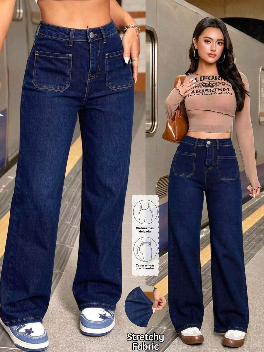 Jeans Amplios de Cintura Alta de Color Azul Oscuro para Mujer, Pantalones Casuales Simples - Azul - Ver 1