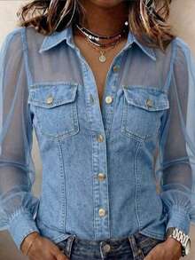 Women's Denim Fabric & Mesh Patchwork Shirt, Long Sheer Puff Sleeves, Button-Down With Fake Chest Pockets, Slim Fit Casual Top For Everyday Wear - Baby Blue - View 2