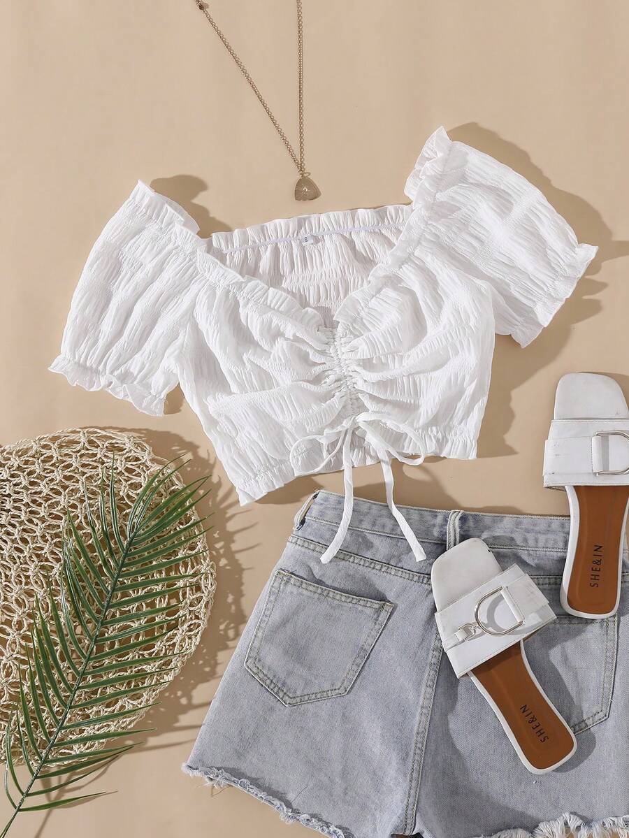 Short-Sleeved Cropped Blouse With Drawstring And Ruching - White - View 1