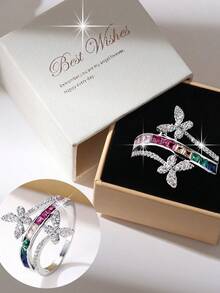 1pc Elegant Design Double Butterfly Colorful Zirconia Ring For Women, Recommended For Party, Vacation And Travel - Ring - View 2