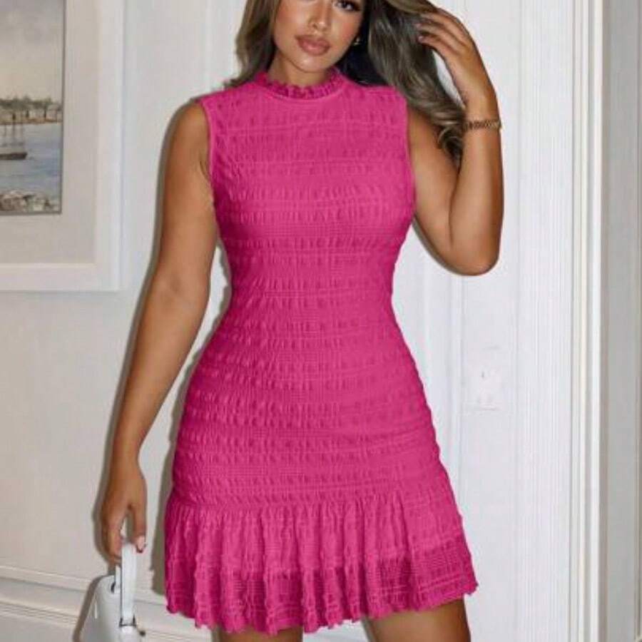 Vestido de mujer con cuello de halter y textura de jacquard - Rosa - Ver 1