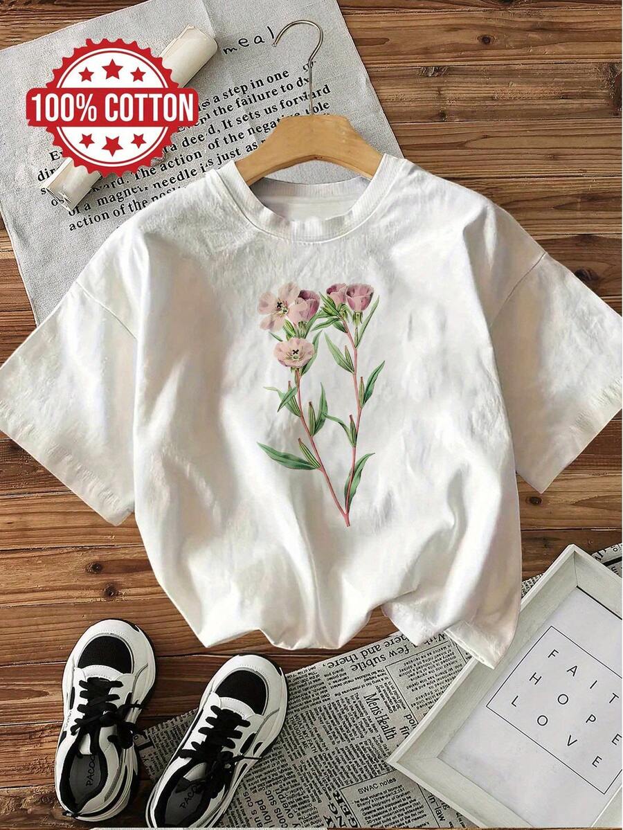 Casual Short-Sleeved T-Shirt With A Round Neckline, Featuring An Artistic Print Of Pink Flowers And Green Leaves, Perfect For Summer. A Spring And Summer Top. - 白色 - 查看 1