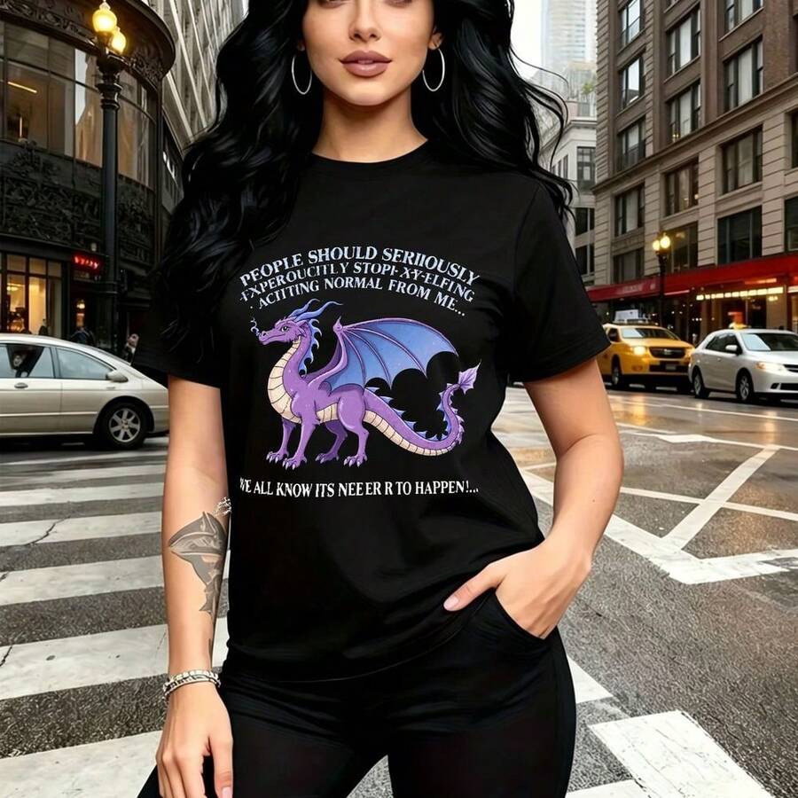 Camiseta de mujer con estampado de dragón púrpura y alas azules y frase divertida "People should seriously think twice" - camiseta casual de manga corta, ajuste cómodo y moderno, estilo urbano con toque rebelde ideal para salir por la ciudad, ir a fi - Negro - Ver 1