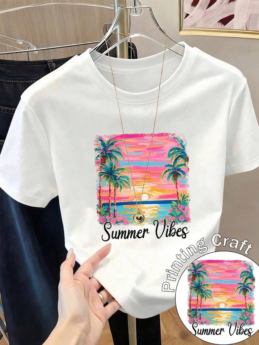 Camiseta con estampado de camisa casual para mujer, manga corta y cuello redondo, moda urbana local de primavera/verano. R3QC - Blanco - Ver 1
