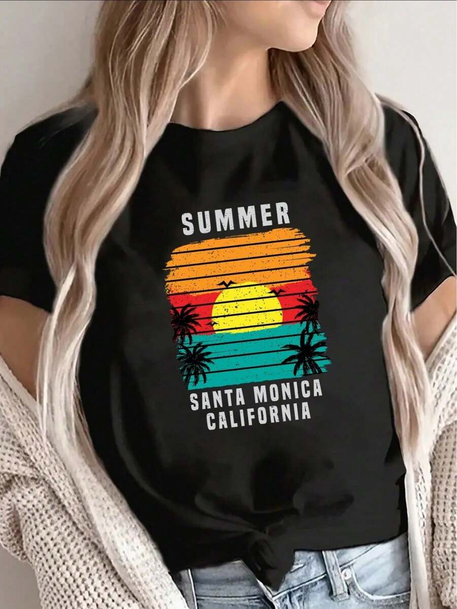Women's Short-Sleeve T-Shirt, Vintage Sunset Design, Printed With The Words "Summer Santa Monica, California," Black Background, Nostalgic Beach Vibe, Suitable For Casual Wear In Warm Weather - 黑色 - 查看 1