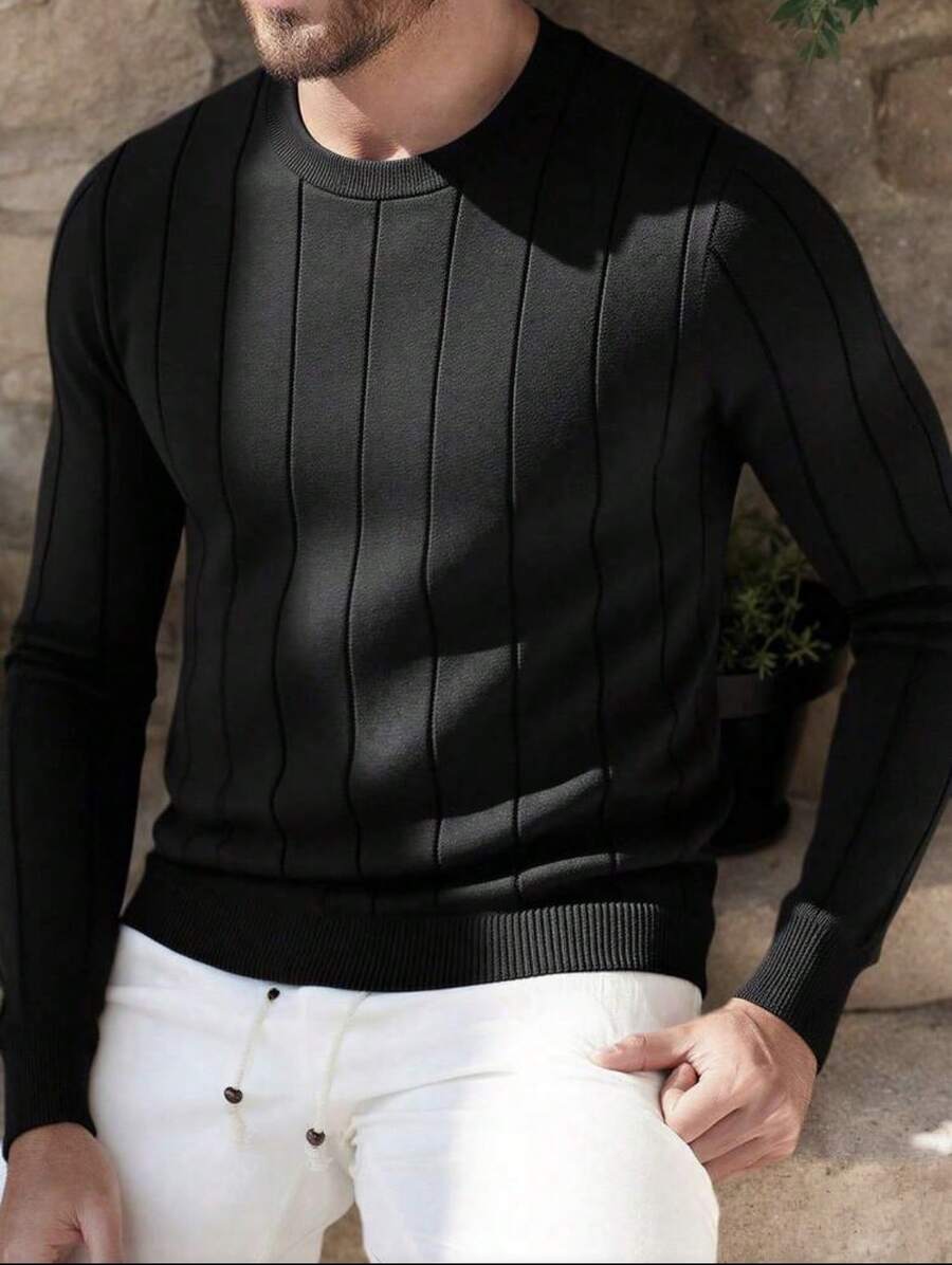 Men's Casual Sweater, Ribbed Knit, Crew Neck, Minimalist And Stylish For Everyday Wear - Negro - Ver 1