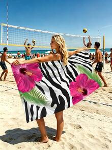 1pc Black & White Zebra Print Beach Towel, Large Floral Beach Blanket, Super Absorbent & Quick Dry Towel, Oversized Waterproof Beach Mat, Suitable For Surfing, Diving, Swimming Pool, Yoga, Gym, Summer Beach Decor, Holiday Party Essential - Zebra Stripes - View 3