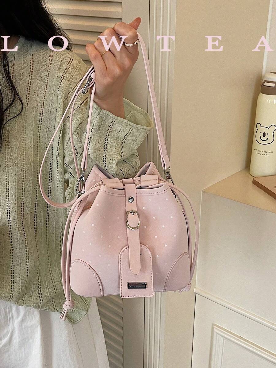 low tea 1 buah Tas Selempang Modis Bahan PU Warna Polos dengan Penutup Tali Serut, Motif Polkadot, Cocok untuk Penggunaan Sehari-hari Wanita