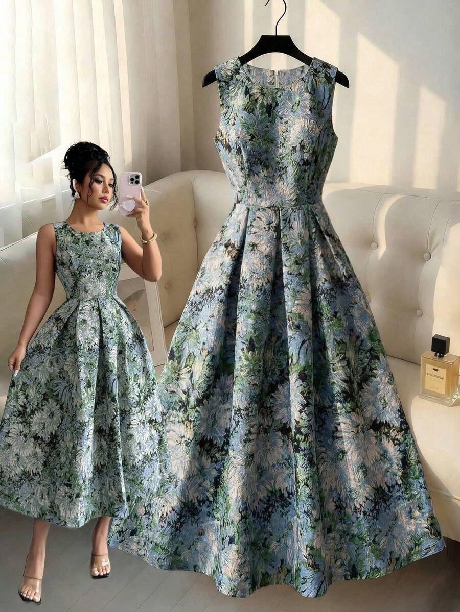 Vestido elegante de longitud media con cuello redondo sin mangas, plisado y estampado floral jacquard para mujer - Multicolor 3 - Ver 1