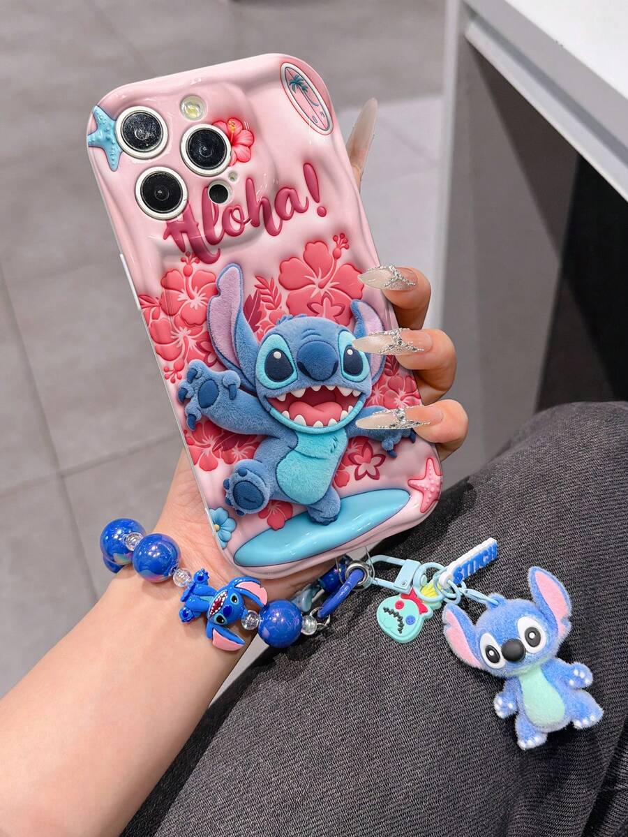 Disney Has Authorized, Phone Case - Chain Set, The Stitch Lilo & Stitch 3D Phone Case Plus A Silicone 3D Stitch Bracelet With Metallic Ring Removable Bracelet, Stitch And Angel Pattern, Compatible With Iphone17/16/15/14/13/12/11/XS/XR/X Plus Pro Max, A Stylish Cartoon Phone Case, The Perfect Gift Choice, Phone Protection, Durable Phone Cover, Great Gift For Friends And Family. - trắng - Xem 1