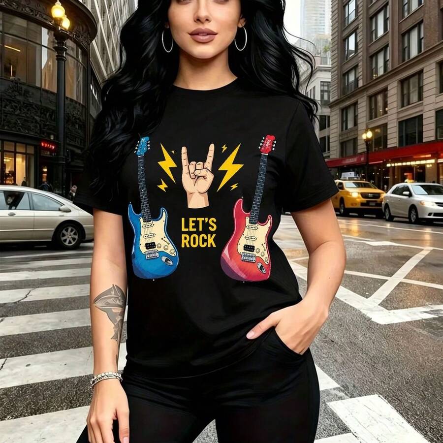 Camiseta de mujer con estampado vibrante de dos guitarras eléctricas azul y roja, gesto de rock y relámpagos amarillos con frase "LET'S ROCK" - camiseta casual de manga corta con ajuste cómodo y fresco, estilo urbano y atrevido perfecto para el Día d - Negro - Ver 1